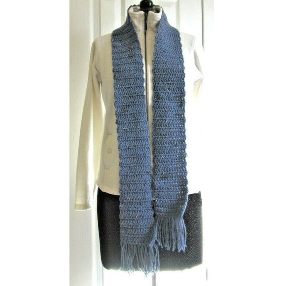 Blue Wool Scarf 74x4 Long Narrow Light Soft Handmade Crochet Knit Men Women NWT - Picture 3 of 7